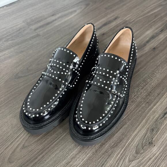 Stuart Weitzman Parker Lift Black Patent Leather Mini Pearl Loafers 36 NEW Shoe - Picture 3 of 8